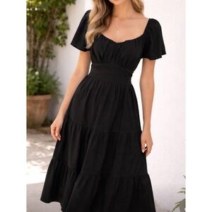 NEW Women Black Sweetheart Tiered Midi Dress Milkmaid Flutter Sleeve Size M